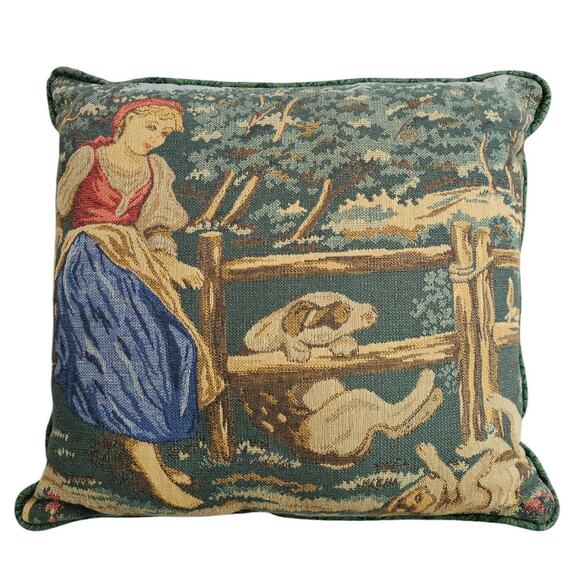 Country Scene Tapestry Girl sitting on Fence Farm Animals Dog Throw Pillow 14" - Picture 1 of 5